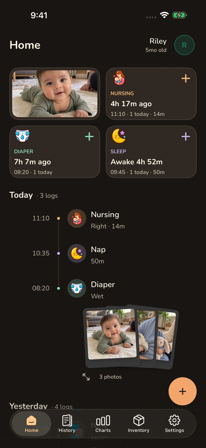 Chickabiddy Home in dark appearance: care shortcuts, today’s activity and a note with three photos