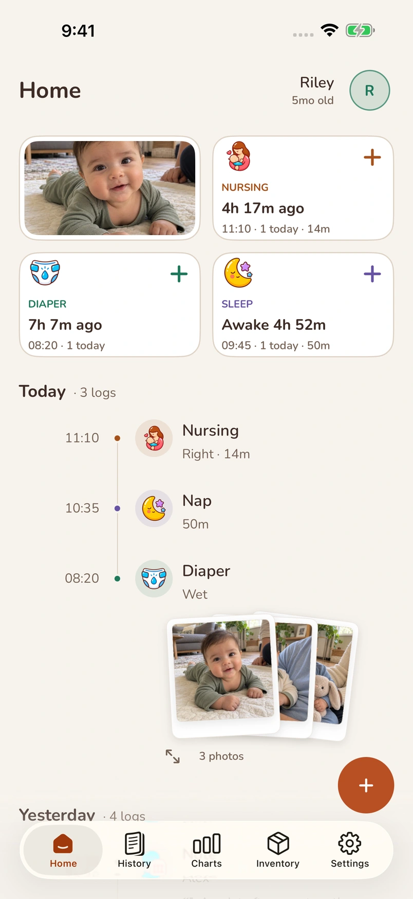Chickabiddy Home: care shortcuts, today’s activity and a note with three photos