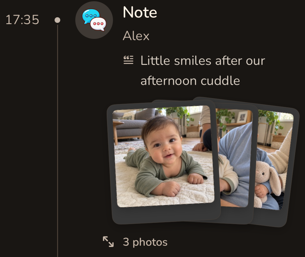 Note by Alex: Little smiles after our afternoon cuddle. Three attached photos in the same entry.