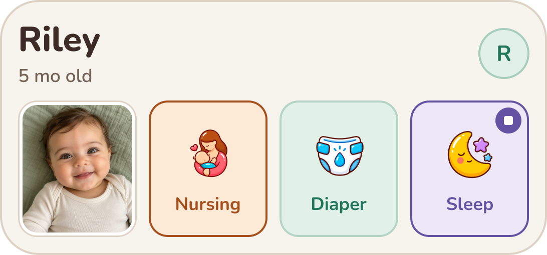 Light-mode Chickabiddy widget preview with a baby photo, Nursing, Diaper and Sleep shortcuts